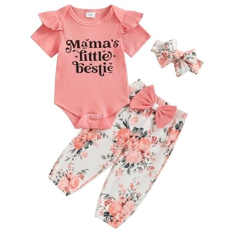 Newborn Baby Girl Clothes Short Sleeve Ribbed Romper Onesie Bowknot Floral Pants Headband 3Pcs Clothing Set (Mama's Little Bestie Pink, 6-12 Months) Cover