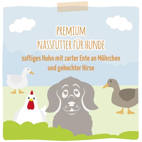 MjAMjAM - Premium Nassfutter für Hunde - saftiges Huhn mit zarter Ente an Möhrchen und gekochter Hirse, 6er Pack (6 x 800 g), naturbelassen mit extra viel Fleisch