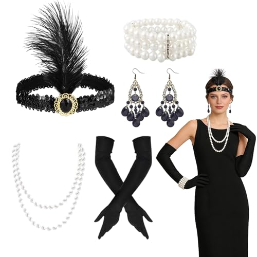 XcnPer 5 Piece Great Gatsby Accessories Women Set, 1920s Great Gatsby Accessories for Women, with Headband, Bracelet, Bracelet, Earrings, Pearl Necklace, for Cosplay Theme Party