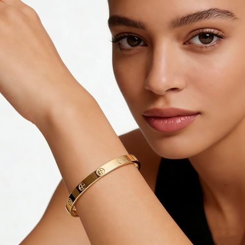LUCSIS Waterproof 18K Gold PVD Plated Bracelet for Women, Non-Tarnish Stainless Steel Bangle with Engraved Cross Pattern and 5A Cubic Zirconia, Trendy Jewelry Gift for Her (Gold, S/M) by LUCSIS - Used condition - Image 3