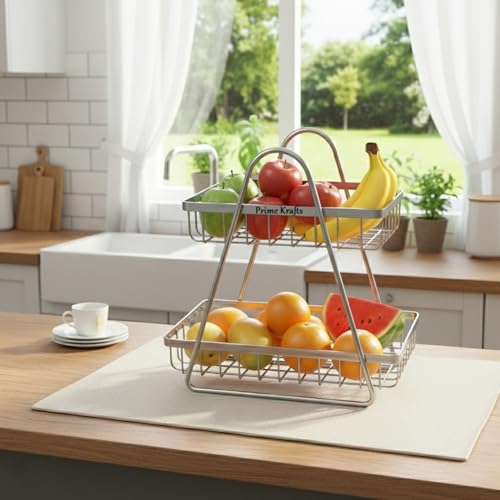 Image of 2 Tier Metal Fruit and Vegetables Basket with Handle|Fruit Vegetables Snacks and Bread Organizer for Kitchen, Dining Table, Livingroom|Bathroom Countertop Basket Stand - Silver