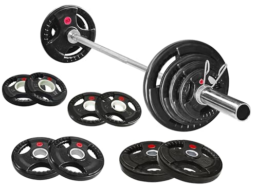 Fitvids Olympic Cast Iron 2-Inch Weight Plates Including 5FT Olympic Barbell Bar & Safely Locks, 100 Pounds Set (85 Lbs Plates + 15 Lbs Barbell Bar), Multiple Packages