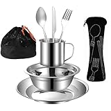 MOUFIER Outdoor Camping Besteck Set Edelstahl Geschirr Mess Kit Enthält Teller Schüssel Tasse...