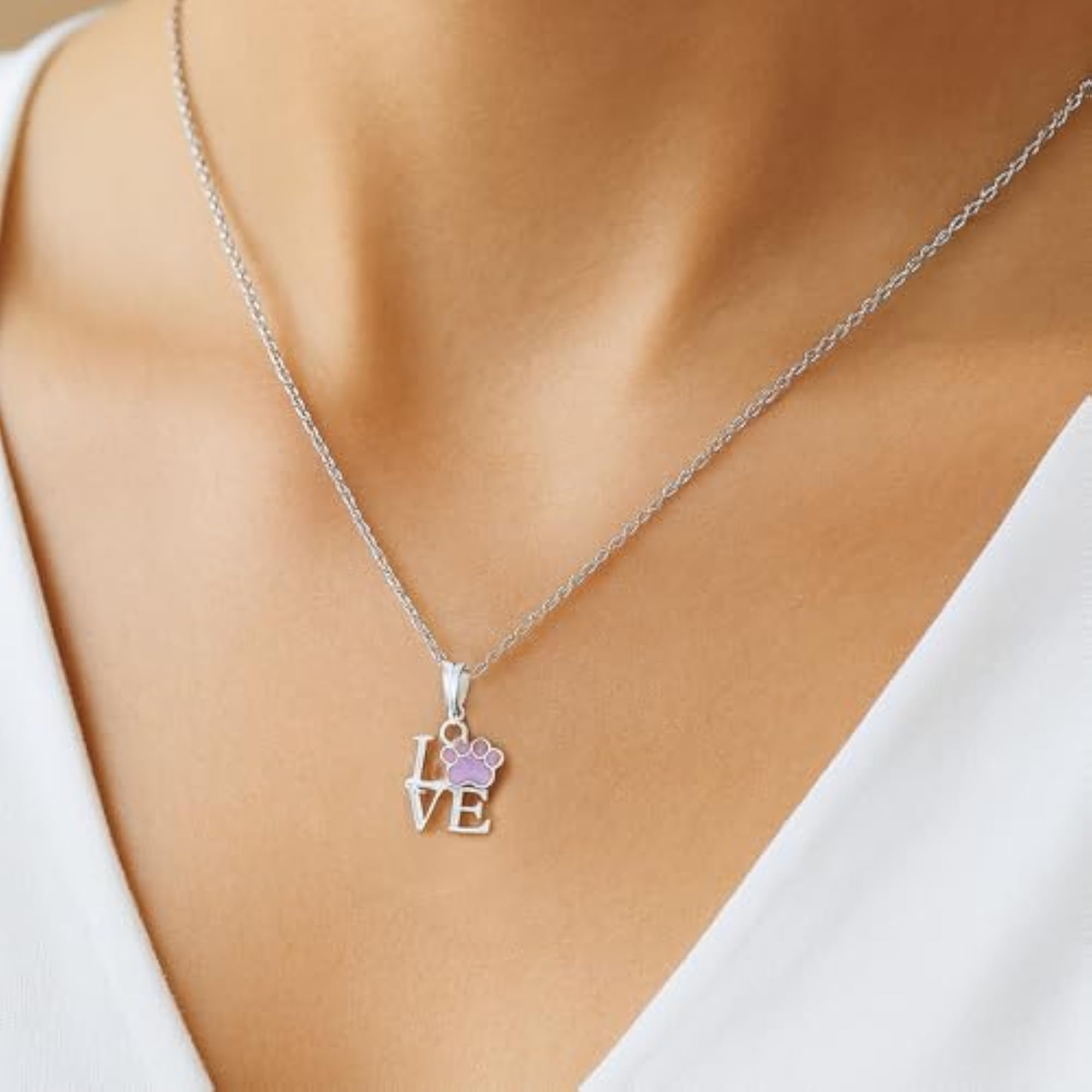 Women's Pure Silver LOVE Pendant with Purple Paw Print Charm