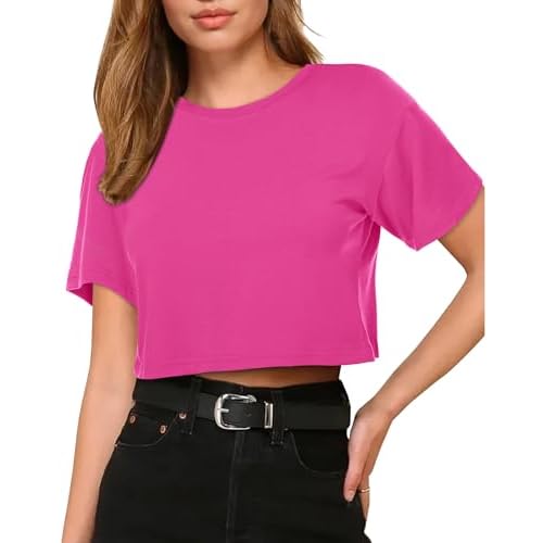 Womens Summer Crop Tops Short Sleeve Round Neck T-Shirts Loose Fit Casual Blouse 2026