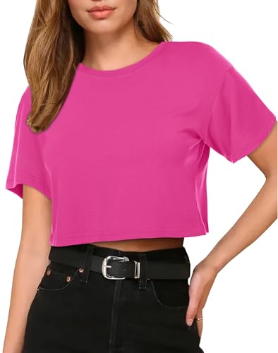 Image of Womens Summer Crop Tops Short Sleeve Round Neck T-Shirts Loose Fit Casual Blouse 2026