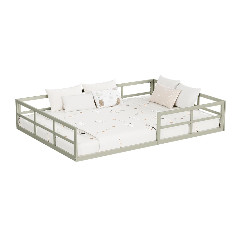 VitaliSpa Bodenbett Minno 140x200, Kinderbett aus Metall, Montessori Bett mit Rausfallschutz, niedrige Einstiegshöhe, Greige