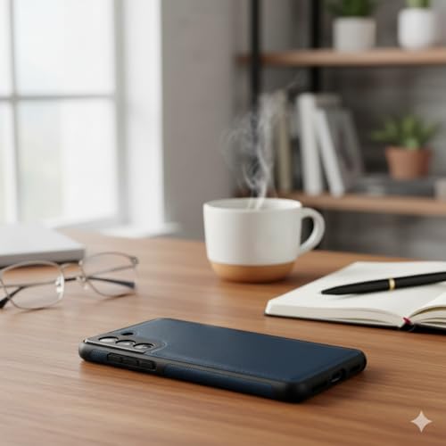 Image of Leather Case for Samsung Galaxy S21FE Premium Protective Stylish Slim Cover with Shockproof Raised Edges Blue