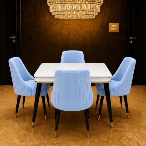 Image of WOODEN SPACE 4 Seater Wooden Dining Table Set | Urban Marble Top Dining Table with Chairs for Dining Room & Kitchen (Modern Infinity Backline Sky Blue) (42 x 42 x 30 inch)