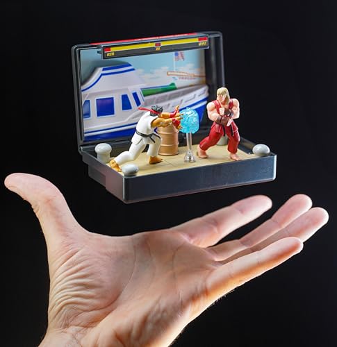 Image of Console Heroes Super Street Fighter II Collectible Diorama - Mini Ryu & Ken Figures with Dock Stage Scene - Retro SEGA Genesis Cartridge Display & Playset