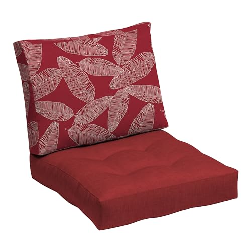 Image of ARDEN Outdoor Plush Modern Tufted Blowfill Deep Seat Set, 24 in x 24 in, Weather-Proof, Rain-Proof, Fade Resistant Patio Cushion, Ultra Cozy Red Leaf Palm