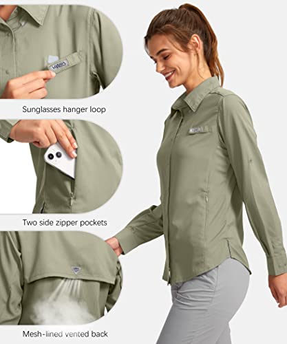 Camisa feminina de proteção solar com bolsos de zíper leve FPS manga longa para mulheres, Cinza e ve