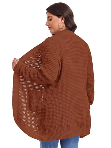 Image of LARACE Long Cardigans for Women Plus Size Tops Open Front Sweaters with Pockets Waffle Ribbed Sleeve Loose Fall Outwear