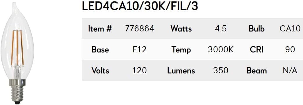 Bulbrite (10 Pack 776864 Filament Candelabra LED Light Bulb, 4.5 Watt CA10 Candle Tip, 3000 Color Temperature, E12 Candelabra Base, 350 Lumens, Soft White Light