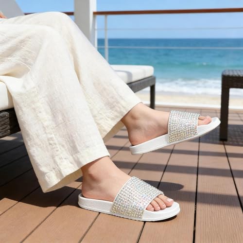 Image of Fur Story Womens Slides House Slippers Rhinestone Glitter Slides Cute bling Flat for Women Platform Sandals Cozy Bedroom Slippers Shower Shoes
