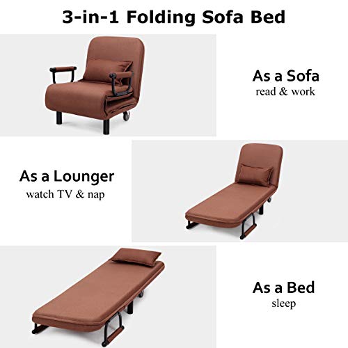 Image of CASART. Folding Sofa Bed, 3-in-1 Convertible Recliner Chair with Pillow and Caster, Indoor Single Sleeper Guest Bed Lounge Futon Couch for Home Office Bedroom Living Room (Coffee)