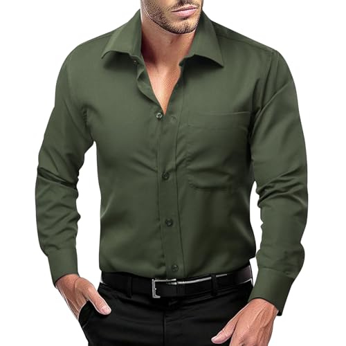 Dubulle Olive Green Dress Shirt Mens Solid Long Sleeve Wrinkle-Free Casual Button Down Shirt with Pocket Business Formal