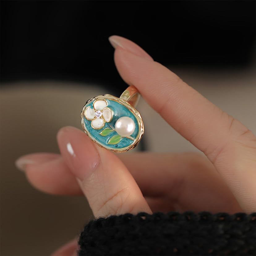 Anillos abiertos de perlas esmaltadas de moda para mujer, chapados en oro de 14 quilates, diseño de hojas florales vintage, banda de dedo única, apilable, anillo de boda, ajustable, cóctel, fiesta, 4