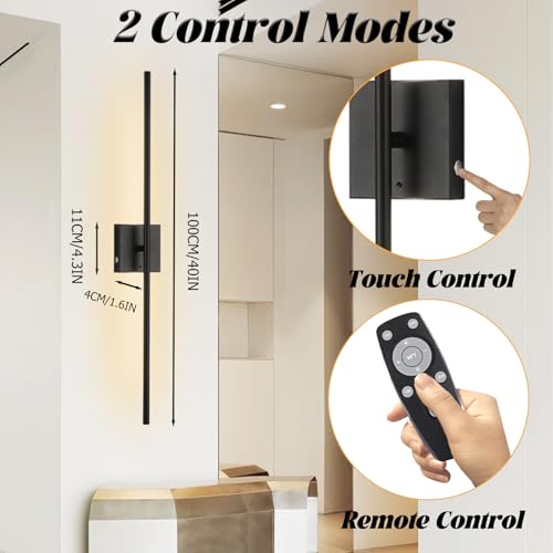 Image of 40 Inch Wireless Wall Sconces Set of 2, Rechargeable Battery Operated Wall Sconce With Remote & Touch, 8000mah, 3 Color Modes, Magnetic, 360 Rotate, for Bedroom, Living Room, Hallway Decor, Black