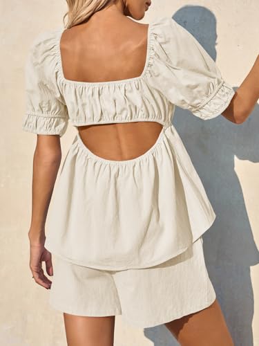 Image of Tankaneo Womens 2 Piece Outfits Summer Square Neck Short Puff Sleeve Babydoll Tops and Shorts Matching Set