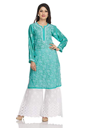 Image of Ada Lucknow Chikankari Hand Embroidered Faux Georgette Kurta Kurti Tunic Dress for Women A95504