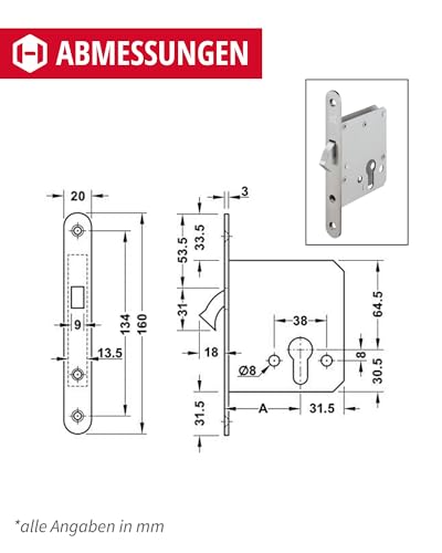 Gedotec Einsteckschloss Edelstahl Schiebetür-Schloss Schiebetür-Türschloss zum einstecken - H5500 | Startec | Hakenschloss mit Zirkelriegel | silber matt | 1 Set - Riegelschloss für Zimmertüren