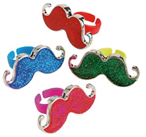 12 Glitter Mustache Rings- Assorted Bright Moustache Rings Boy Birthday Party Favor