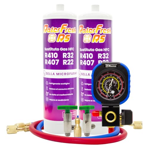 Gas Refrigerante Orgánico para Aire Acondicionado Split Ralerfresh RS equivalente a 950gr sustituto de gases R410, R32, R407 y R22 (2 Botellas + manómetro + mangueras + adaptador)