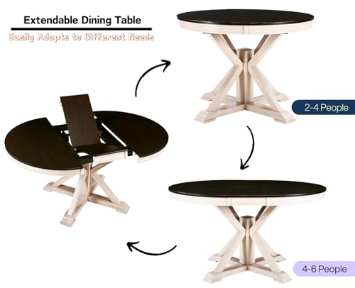 chairus 42-54 Inches Extendable Dining Table for 4-6 People, Oval Shape/Round Kitchen Table with Trestle Pedestal Base, Wooden Circle Table for Kitchen, Dining Room, Restaurant, Black&White