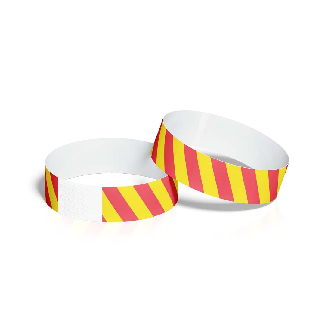 ID&C Striped Tyvek Paper Event Wristbands – 100 Numbered Tamper Proof Security Wristbands for Events, Festivals & Event Entry – Tomato Red and Highlight Yellow Stripe