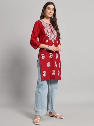 Image of FCH, Fashionable Chikan Handikraft Women's Cotton Lucknowi Chikankari Printed Straight Kurta for Regular Wear Girls Flared Kurta