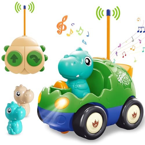 Pup Go Voiture de Dinosaure RC Cartoon pour Tout-Petits avec Musique, Lumières et 2 Poupées, Première Voiture Télécommandée pour Garçons et Filles, 18...