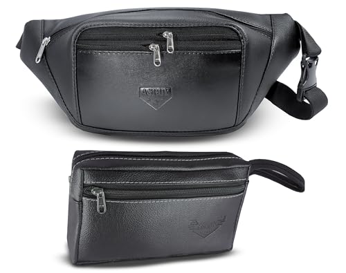Image of Waist Bag + Multipurpose Bag Combo for Men & Women and | Faux Leather Material | Water Resistant Waist Pouch for Travel & Daily Use | Adjustable Belt with Zip Compartments - Asroy (Latest)