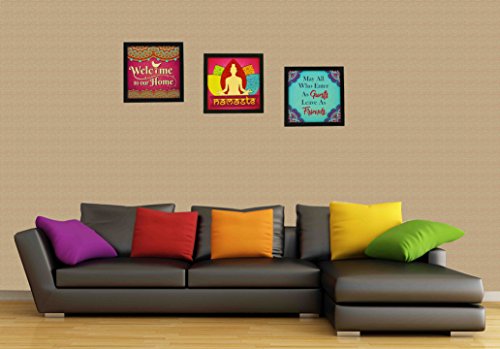 Indianara 3 Piece Set of Framed Wall Hanging Welcome Home Decor Art (1193) Prints 8.7 inch X 8.7 inch Without Glass-Multicolour