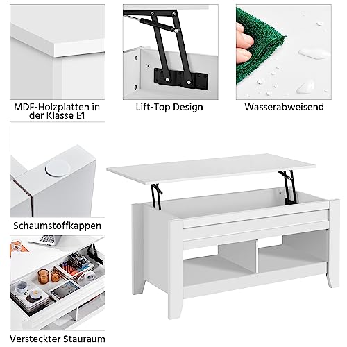 Yaheetech Couchtisch Höhenverstellbar Kaffeetisch Wohnzimmertisch mit Ablagefach Holz Sofatisch Beistelltisch für Wohnzimmer, Weiß – Ansicht 5