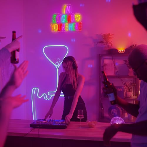 Image of I'm So Glad You're Here Neon Sign, Letter Neon Signs for Wall Decor Dimmable Light up Sign, Classroom Wedding Kids Room Store Home Neon Decor 14.17 x 12.2 inch