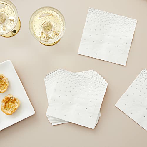 100-Pack Confetti Foil Silver Cocktail Napkins, 3-Ply Disposable Polka Dot Beverage Napkins For Wedding Reception, Bridal Shower, Birthday Party Supplies (5X5 In) #TOP3
