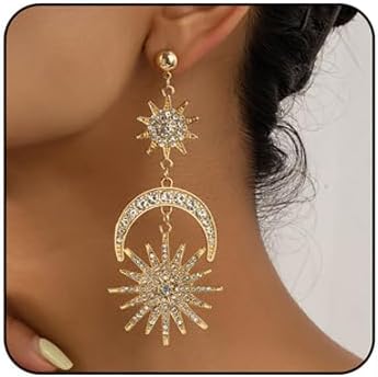 Bohemian Sun Moon Earrings for Women Sparkling Rhinestone Sun Moon Star Drop Dangle Earrings Gold Silver Celestial Statement Earrings Boho Style Christmas Wedding Jewelry