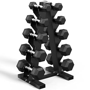 Hex Dumbbell Set with Rack (5lb-230lb), Rubber Encased Cast Iron Free Weights for Total Body Workouts, Easy Storage and Stable Dumbbell Sets for Home Garage Gym
