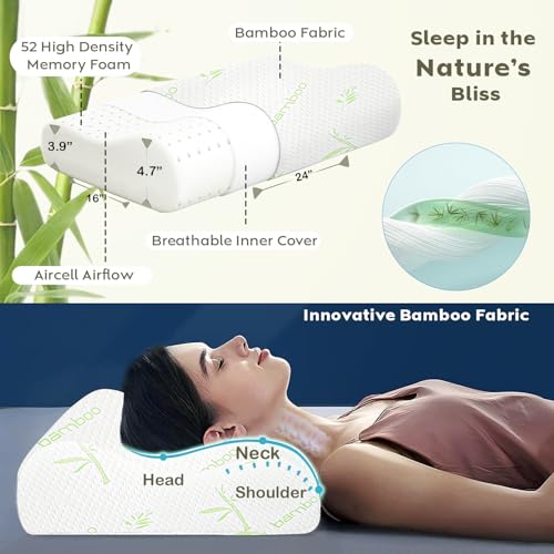 Image of AYKA Bamboo Cervical Memory Foam Pillow for Neck & Shoulder Pain Relief | Orthopedic Contour Pillow for Sleeping & Spinal Alignment | Ergonomic Support | 2-Year Warranty (Set of 2)