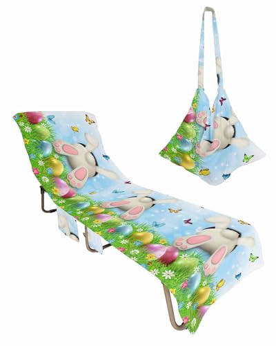 Easter Beach Chair Towel Covers for Chaise Lounge with Side Pocket, Soft Plush Pool Towels Cover for Patio Sunbathing Outdoor 29''x85'' Spring Bunny Butt Gradient Blue Watercolor
