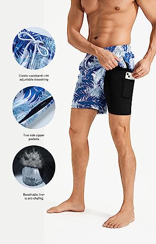 Mens Swim Trunks with Compression Liner Quick Dry Beach Shorts with Zipper Pockets Navy4