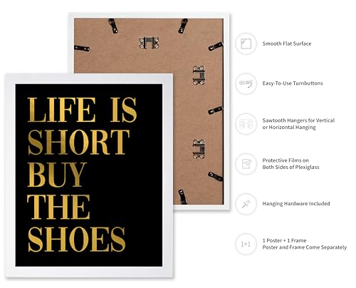 Image of Poster Master Life is Short Buy The Shoes Poster - Fashion Print - Positive Quote Art - Trendy Art - Gift for Women & Fashionista - Funny Wall Decor for Bedroom or Girls Room, 16x20 White Framed