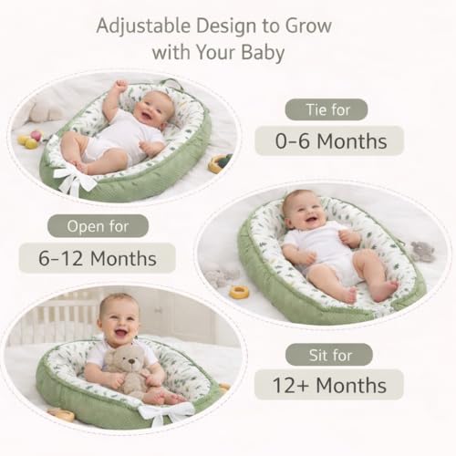 Image of Aila+Aiden Baby Lounger | Organic Cotton Infant Lounger | Reversible, Adjustable & Portable Floor Lounger |Supervised Use | Soft, Breathable, Washable Cover - Star Collection (Sage Leaf)