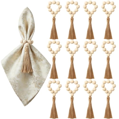 Serviettenringe Holz 12 Stück mit Holzkugeln und Quasten Ideal für für Hochzeitstischdekoration Tischstyling Familienfeiern Geburtstagspartys und Festliche Anlässe