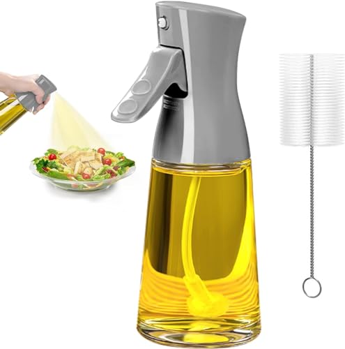 Showvigor Pulverizador Aceite, 180ml Spray Aceite Cocina de Vidrio con Cepillo, Aceitera Spray, Vidrio Grueso, Amplio Alcance, Rociador de Aceite Potente (Gris)