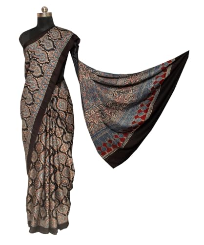 Image of Ethnics of Kutch Womenss Ajrakh Modal Silk Natural Dye Hand Block Print Saree with Blouse Piece - 5.5 Mtr Length