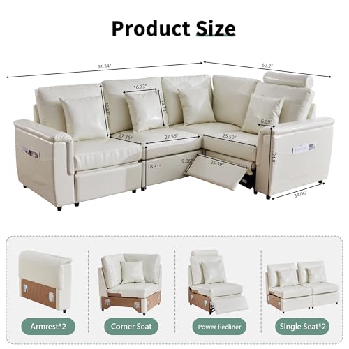 Image of RARZOE Faux Leather Sectional Sofa with Power Recliner, L Shaped PU Leather Reclining Couch with Headrest, 4 Seater Oversized Modular Reclining Couches for Living Room, Beige