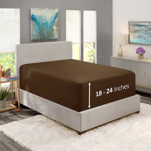 Image of Hearth & Harbor Extra Deep Pocket Full Fitted Sheet - Fits 18 to 24 Inch Mattress - Ultra Soft 1800 Microfiber, Wrinkle-Free & Breathable - Hotel Luxury Fitted Sheet Only, Brown