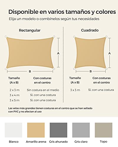 Miniatura 6 de Songmics Vela De Sombra De 2 X 3 M, Impermeable Con Columna De Agua De 665 Mm, Protección Solar, Protección Uv 93 , Terraza, Jardín, Balcón, Rectangular, Cuerdas De 2 M, Amarillo Arena Gsh23ey